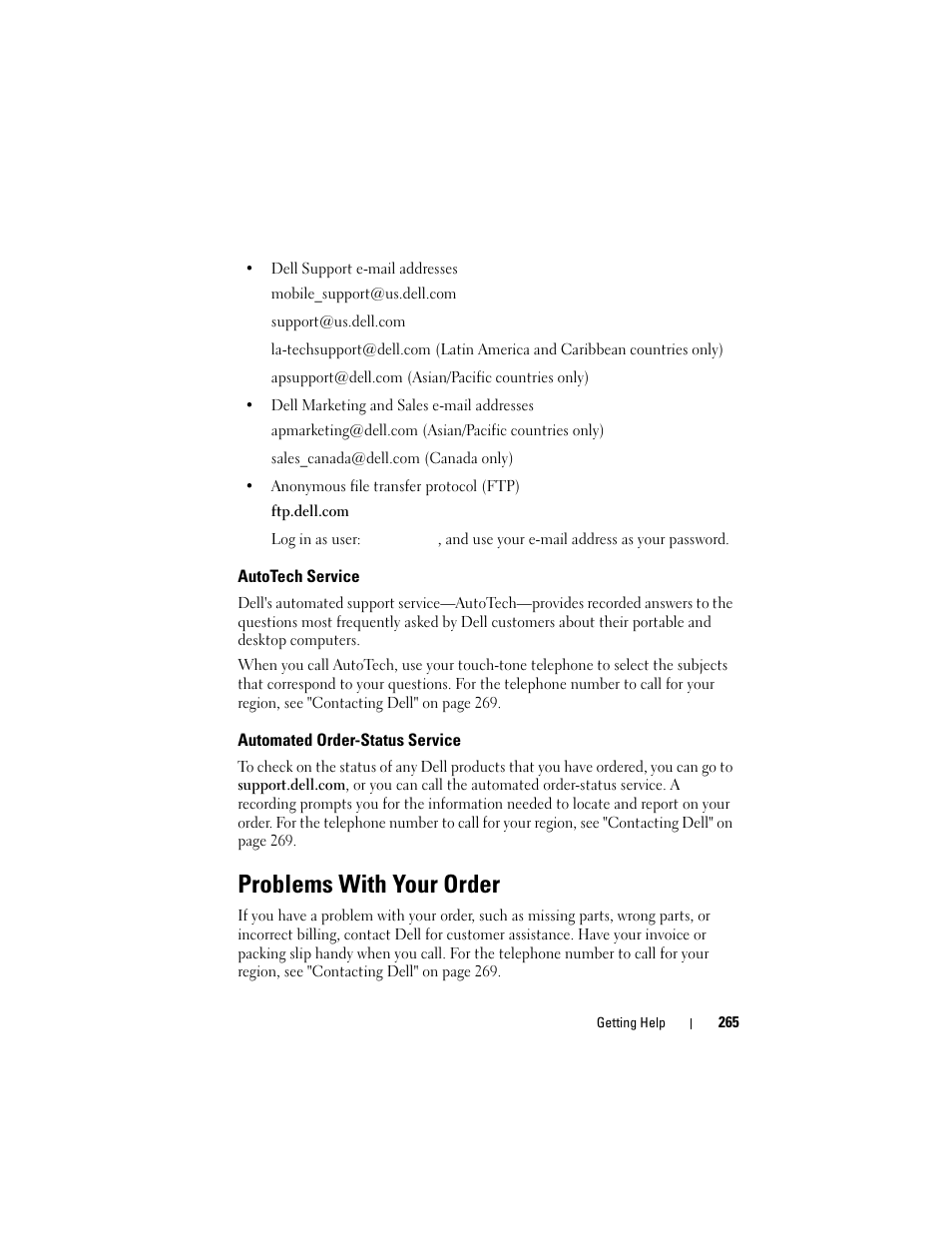 Autotech service, Automated order-status service, Problems with your order | Dell Precision T3400 (Late 2007) User Manual | Page 265 / 290