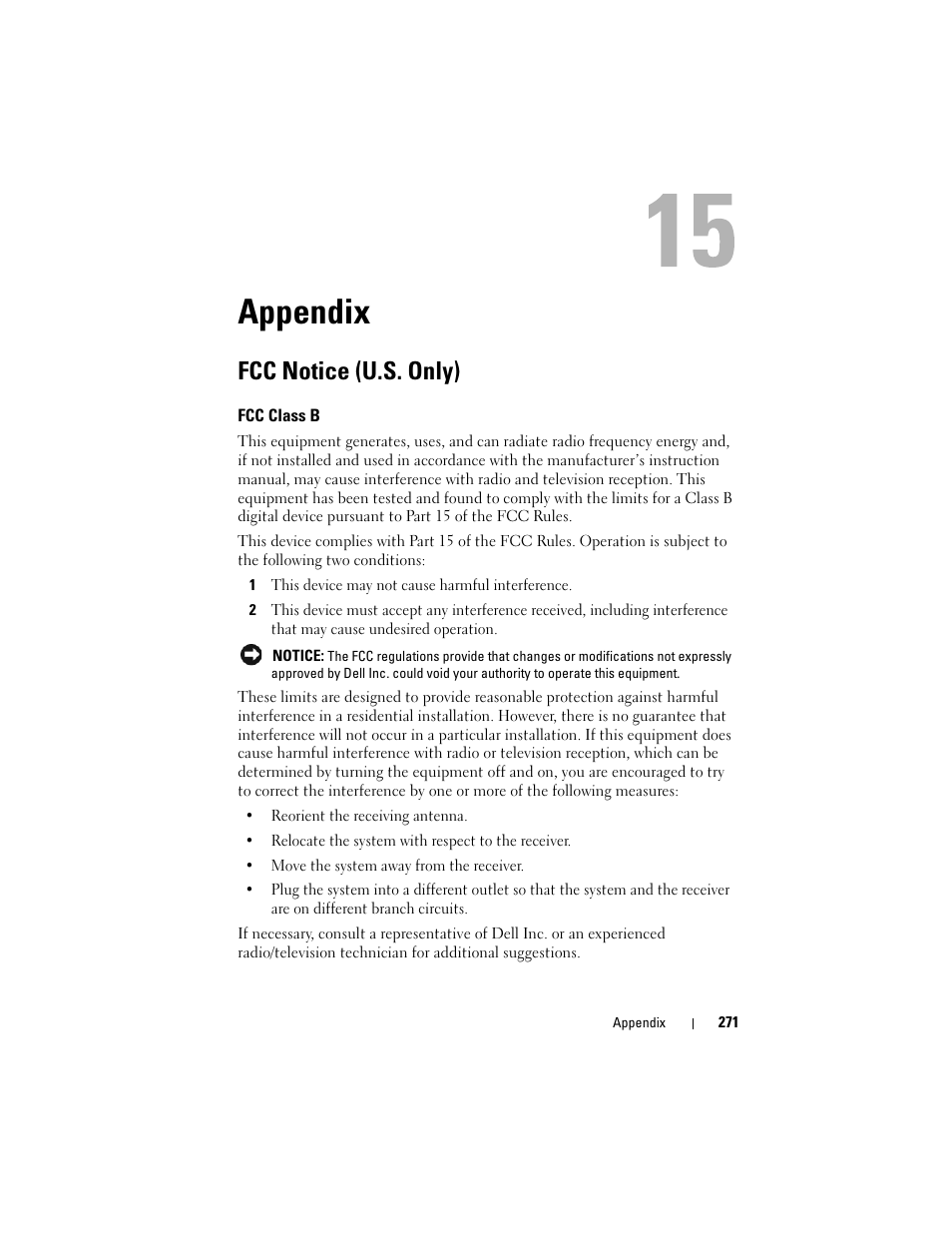 Appendix, Fcc notice (u.s. only), Fcc class b | Dell Precision T3400 (Late 2007) User Manual | Page 271 / 290