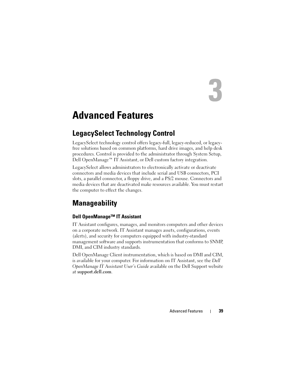 Advanced features, Legacyselect technology control, Manageability | Dell openmanage™ it assistant | Dell Precision T3400 (Late 2007) User Manual | Page 39 / 290