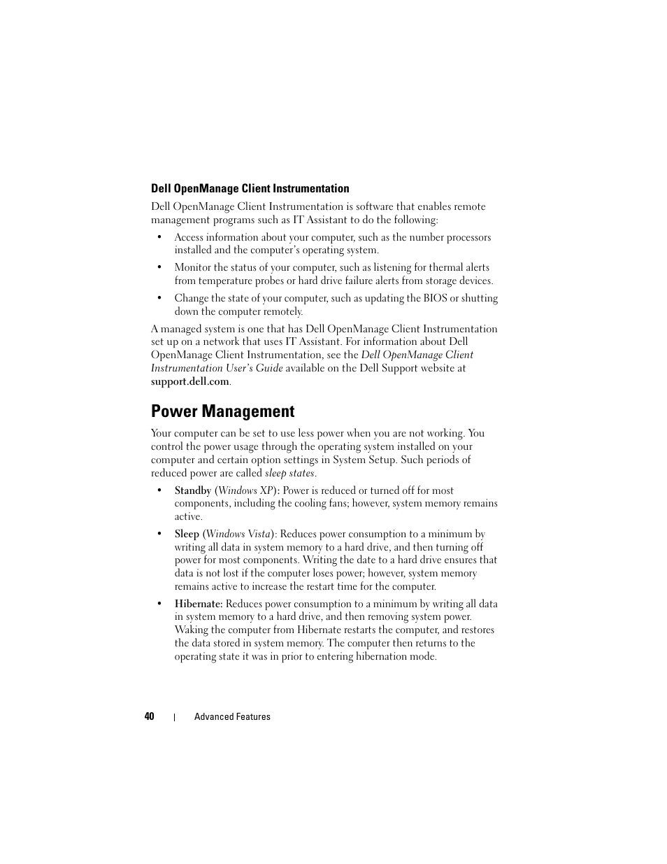 Dell openmanage client instrumentation, Power management | Dell Precision T3400 (Late 2007) User Manual | Page 40 / 290