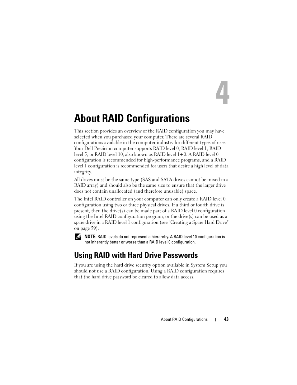 About raid configurations, Using raid with hard drive passwords | Dell Precision T3400 (Late 2007) User Manual | Page 43 / 290