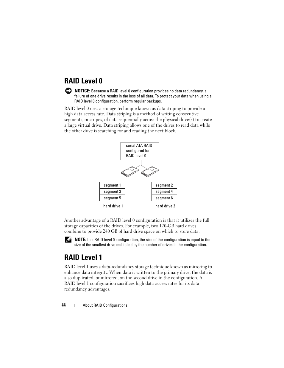 Raid level 0, Raid level 1 | Dell Precision T3400 (Late 2007) User Manual | Page 44 / 290