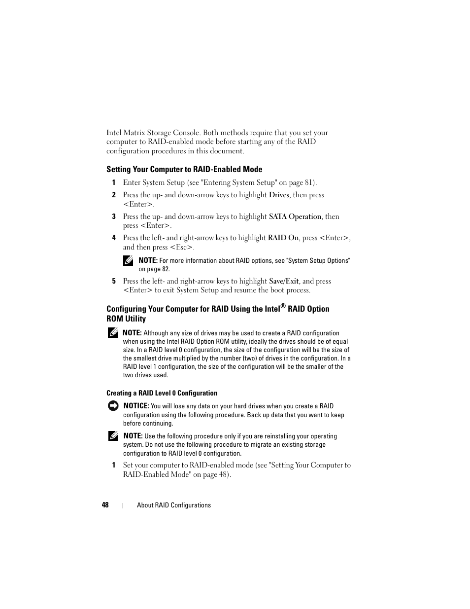 Setting your computer to raid-enabled mode, Configuring your computer for raid using the intel | Dell Precision T3400 (Late 2007) User Manual | Page 48 / 290