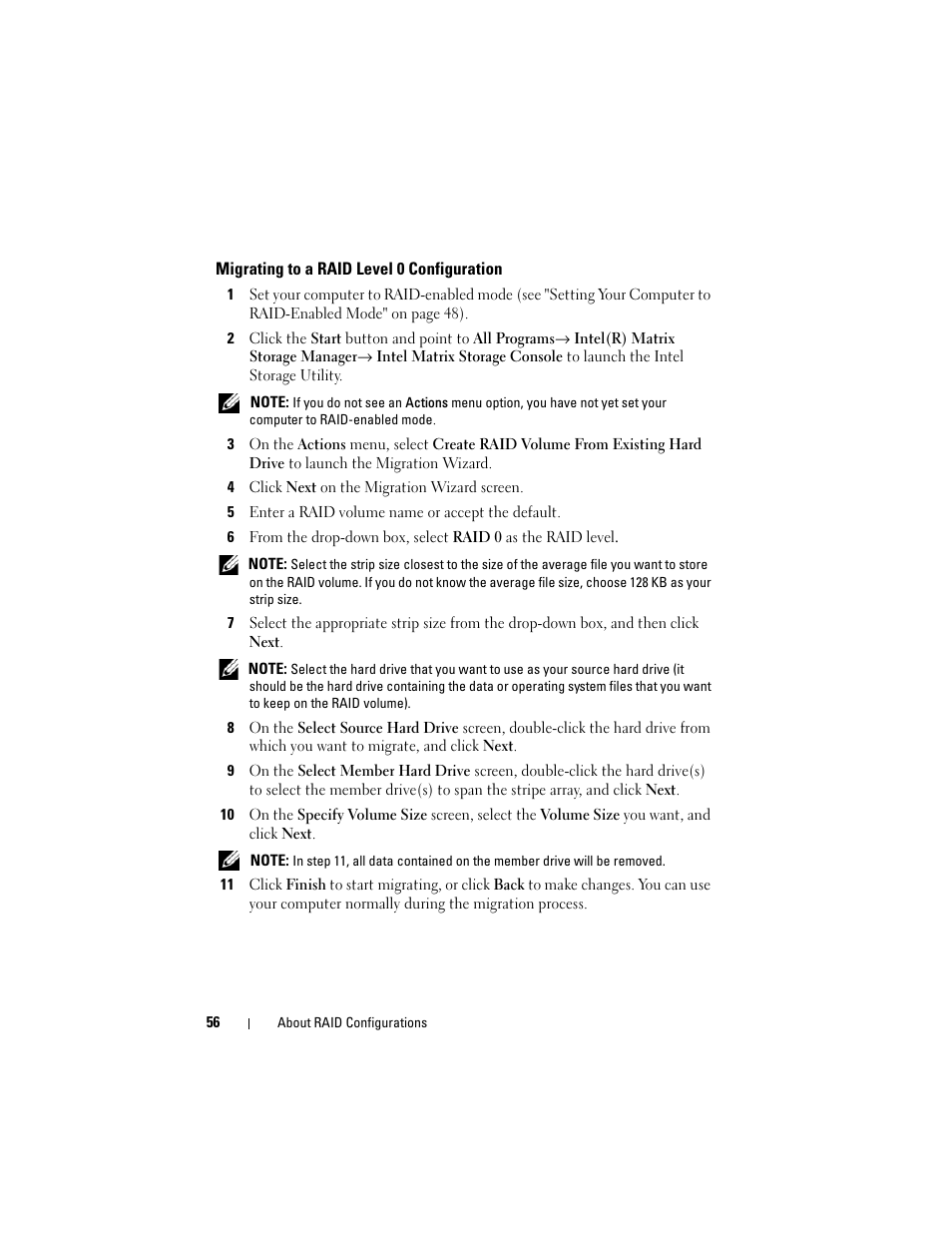 Migrating to a raid level 0 configuration | Dell Precision T3400 (Late 2007) User Manual | Page 56 / 290