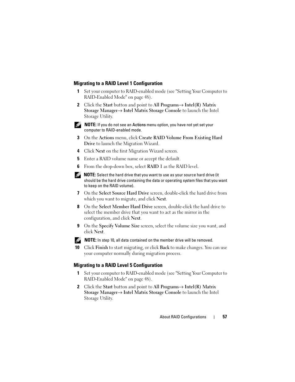 Migrating to a raid level 1 configuration, Migrating to a raid level 5 configuration | Dell Precision T3400 (Late 2007) User Manual | Page 57 / 290