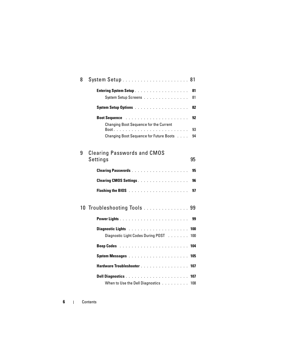 8system setup, 9clearing passwords and cmos settings, 10 troubleshooting tools | Dell Precision T3400 (Late 2007) User Manual | Page 6 / 290