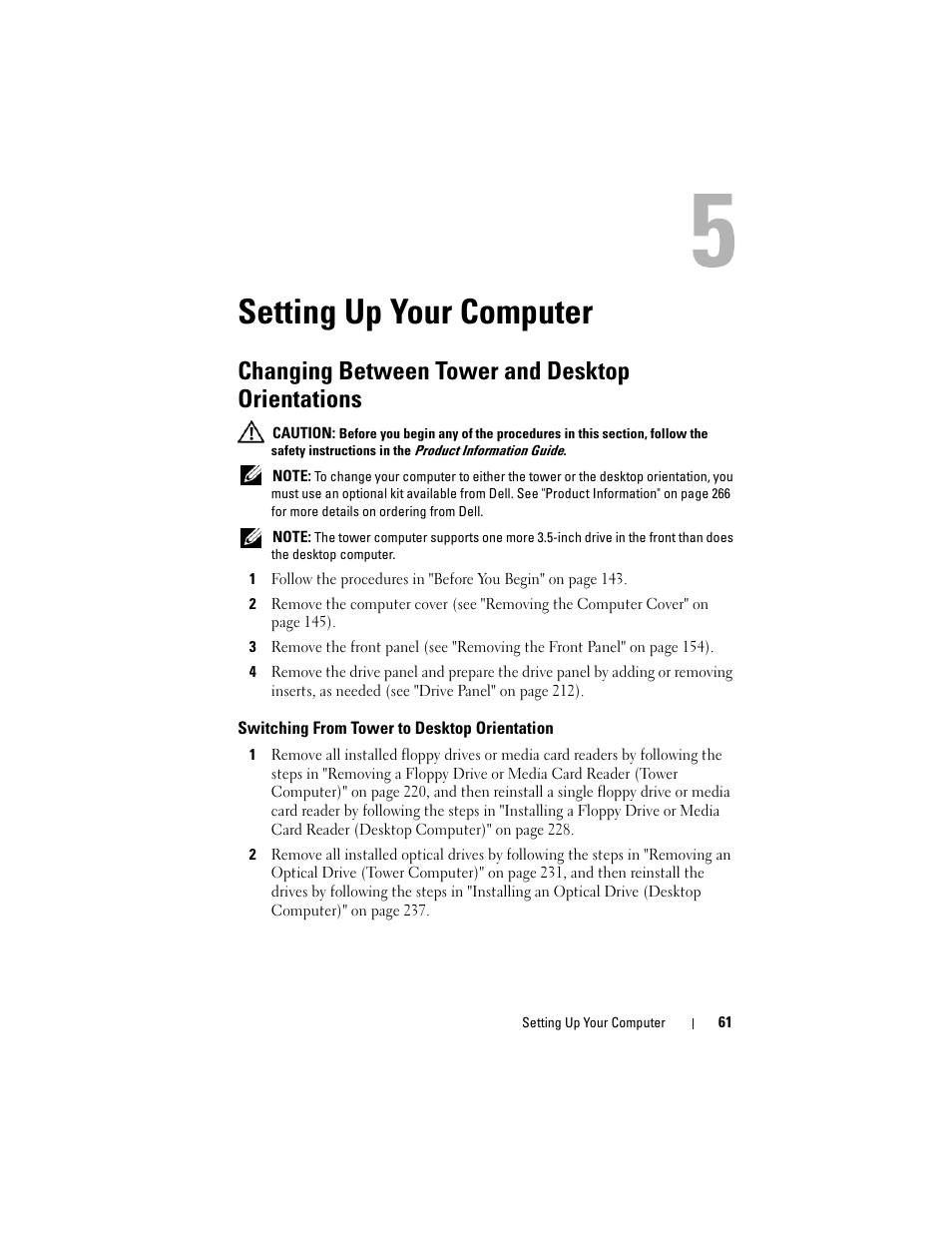 Setting up your computer, Changing between tower and desktop orientations, Switching from tower to desktop orientation | Dell Precision T3400 (Late 2007) User Manual | Page 61 / 290