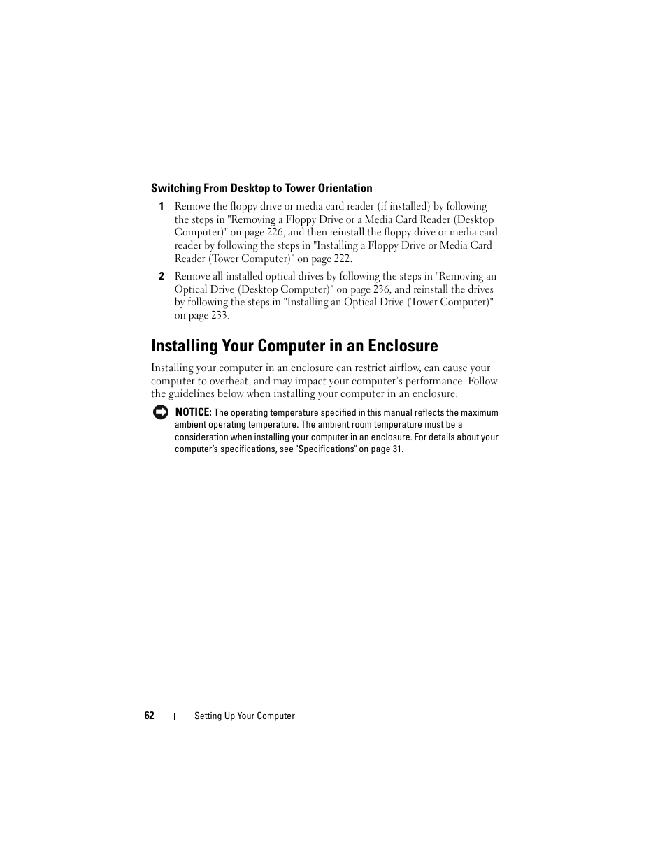 Switching from desktop to tower orientation, Installing your computer in an enclosure | Dell Precision T3400 (Late 2007) User Manual | Page 62 / 290