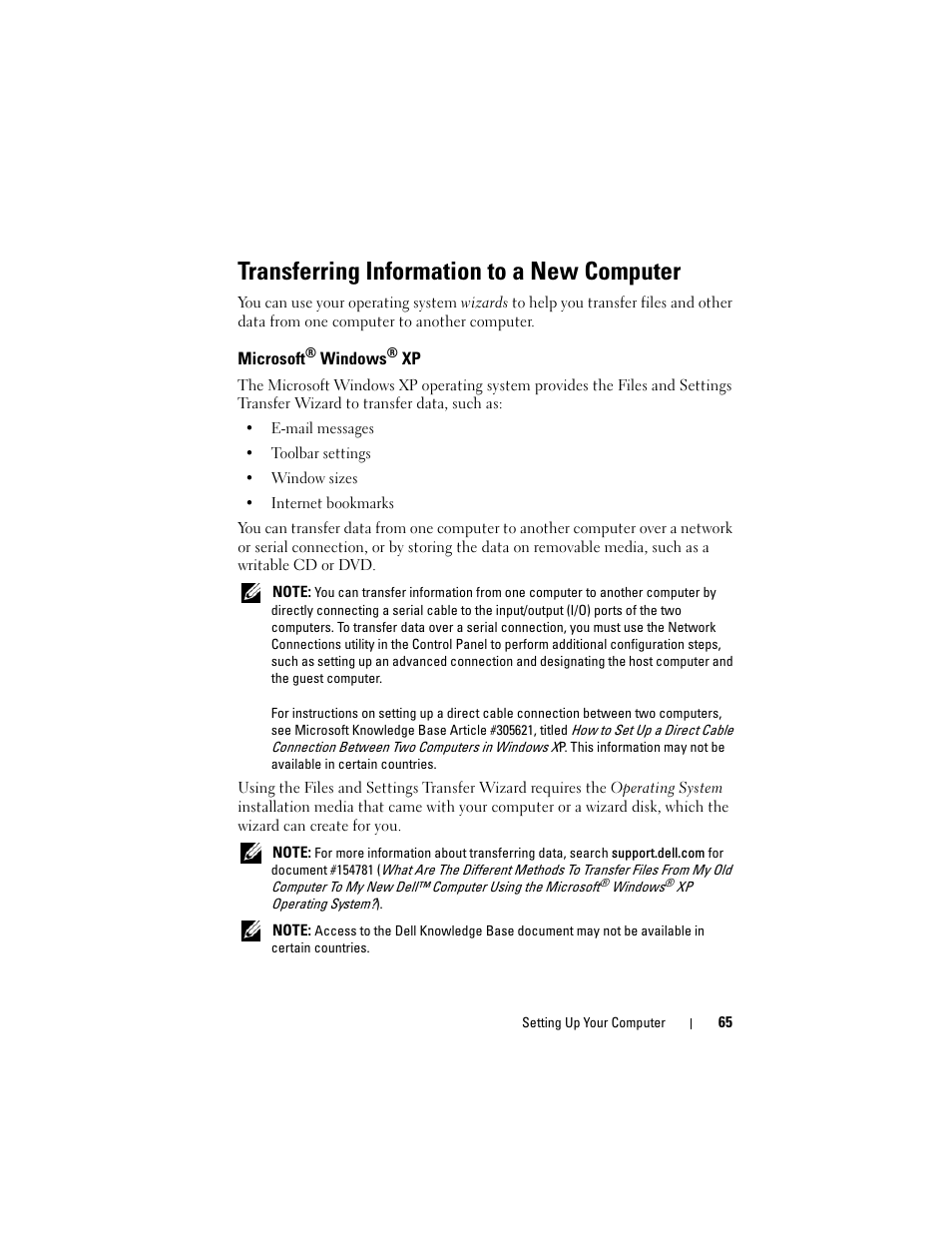 Transferring information to a new computer, Microsoft® windows® xp, Microsoft | Dell Precision T3400 (Late 2007) User Manual | Page 65 / 290