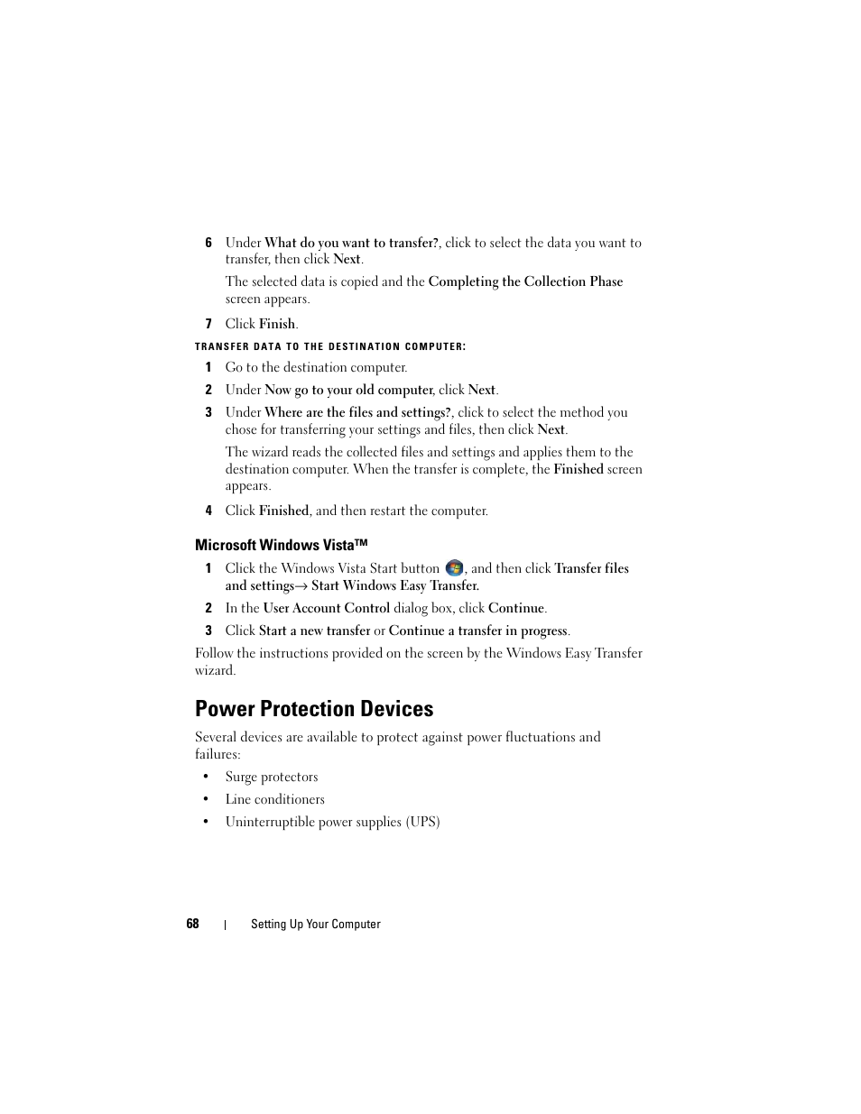 Microsoft windows vista, Power protection devices | Dell Precision T3400 (Late 2007) User Manual | Page 68 / 290