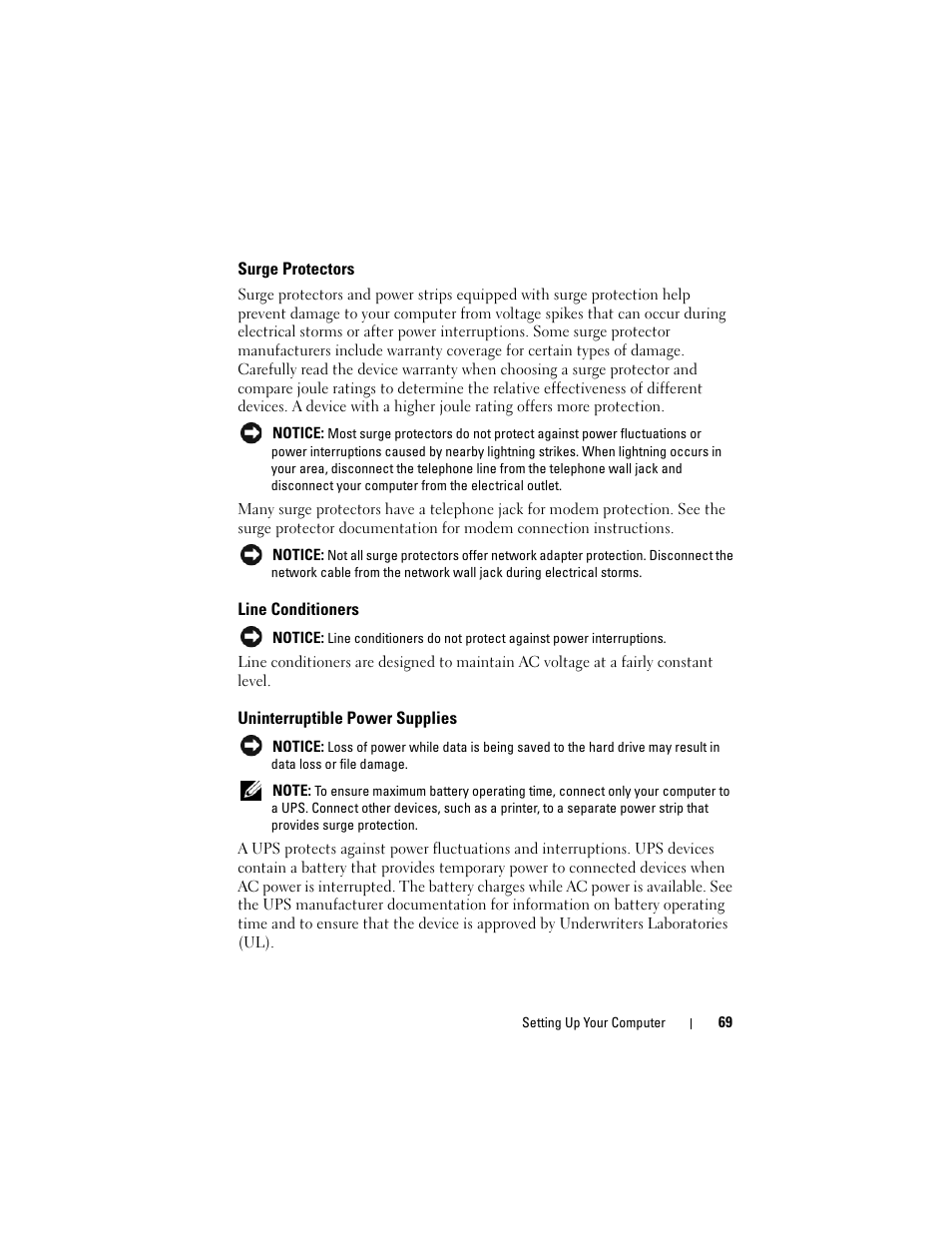 Surge protectors, Line conditioners, Uninterruptible power supplies | Dell Precision T3400 (Late 2007) User Manual | Page 69 / 290