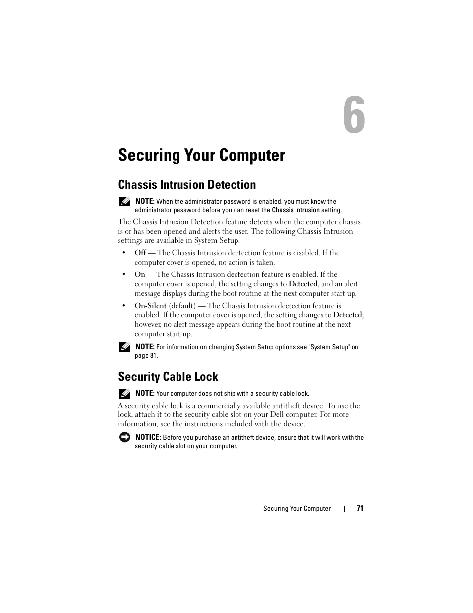 Securing your computer, Chassis intrusion detection, Security cable lock | Dell Precision T3400 (Late 2007) User Manual | Page 71 / 290