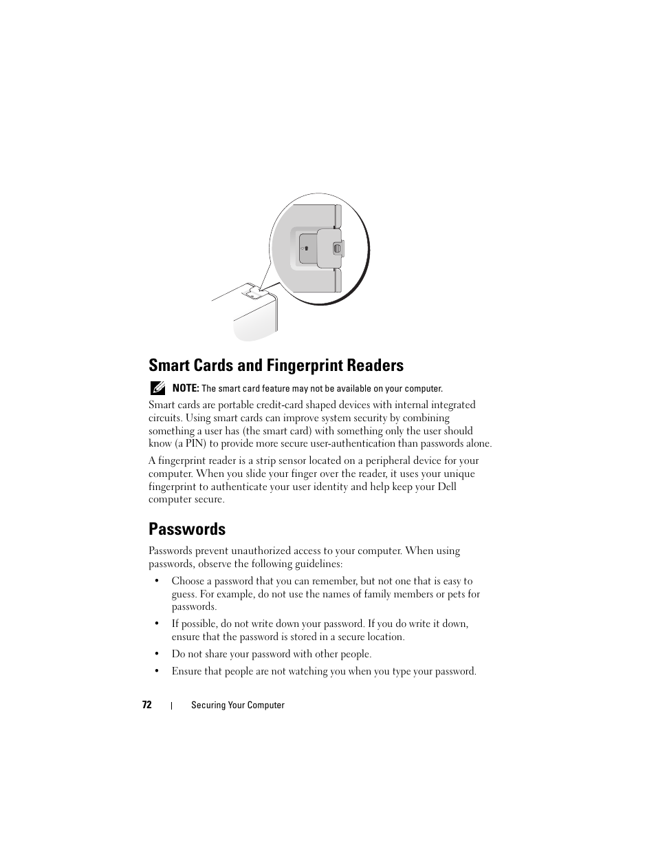 Smart cards and fingerprint readers, Passwords | Dell Precision T3400 (Late 2007) User Manual | Page 72 / 290