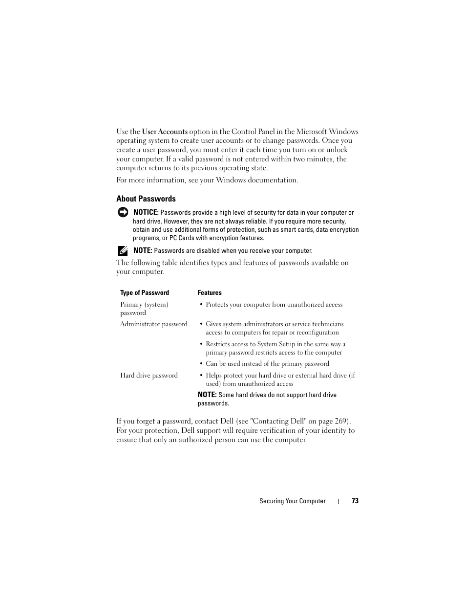 About passwords | Dell Precision T3400 (Late 2007) User Manual | Page 73 / 290