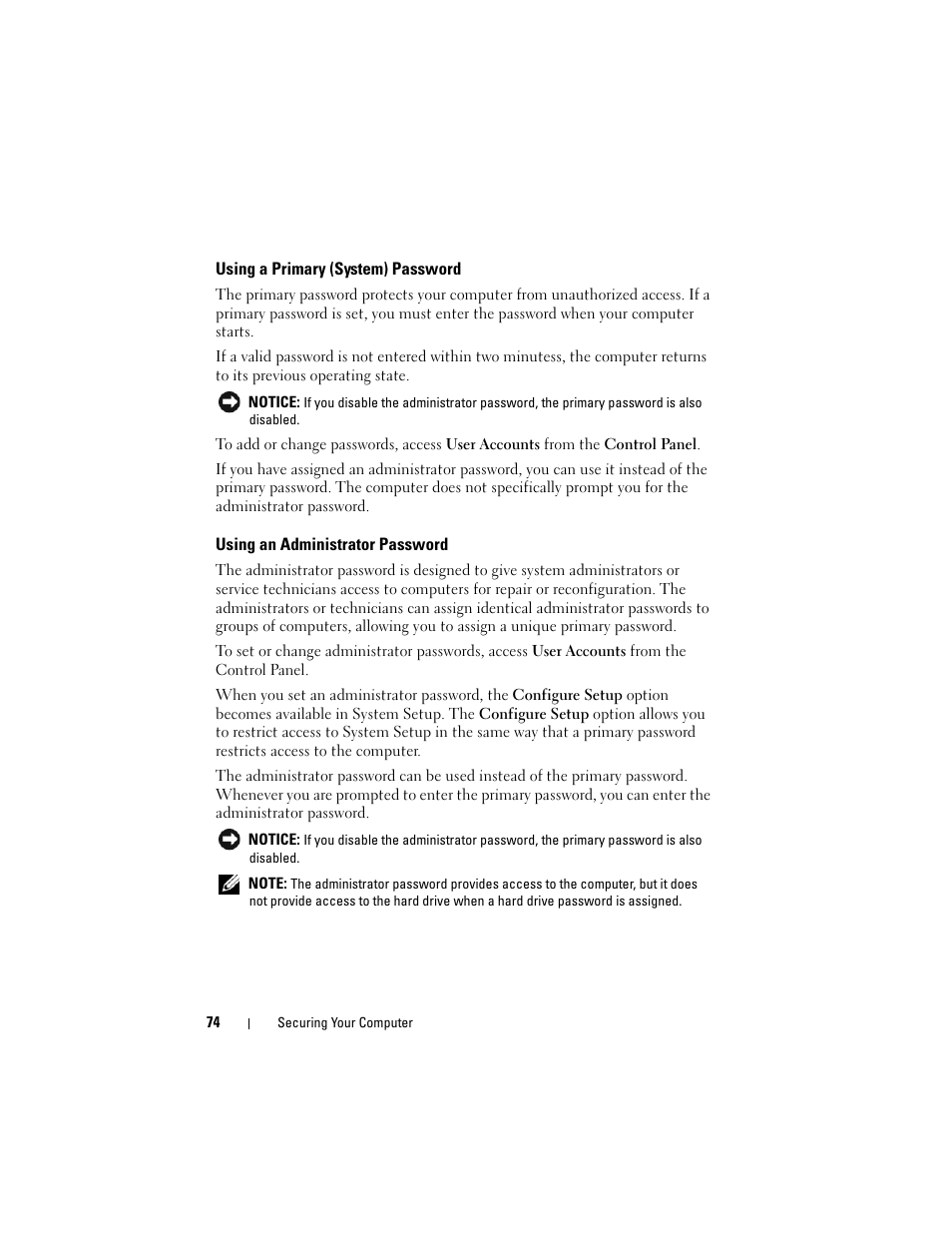 Using a primary (system) password, Using an administrator password | Dell Precision T3400 (Late 2007) User Manual | Page 74 / 290