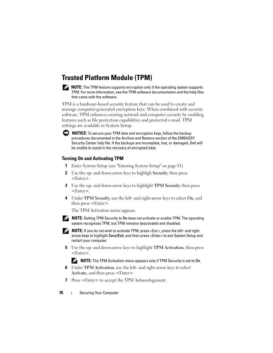 Trusted platform module (tpm), Turning on and activating tpm | Dell Precision T3400 (Late 2007) User Manual | Page 76 / 290