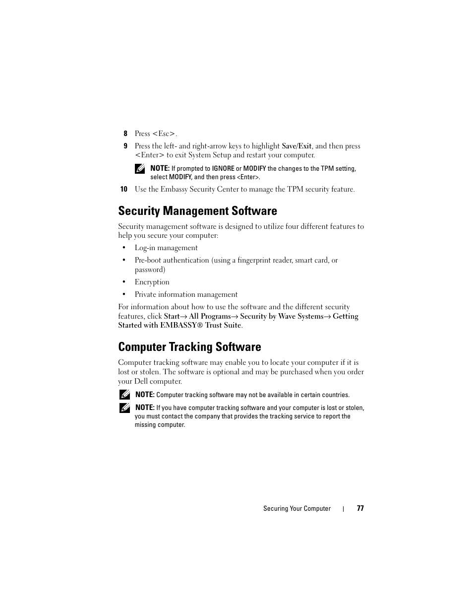 Security management software, Computer tracking software | Dell Precision T3400 (Late 2007) User Manual | Page 77 / 290