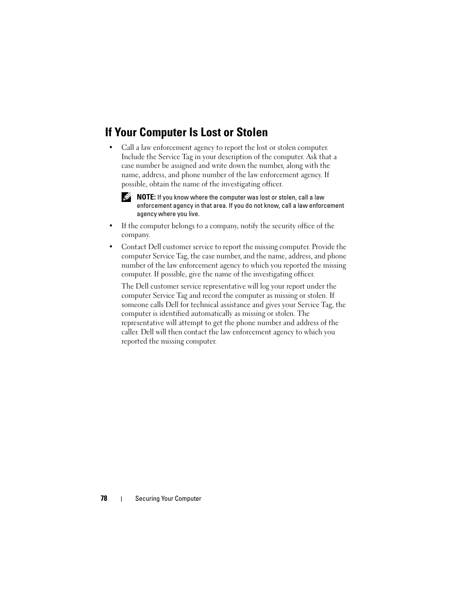 If your computer is lost or stolen | Dell Precision T3400 (Late 2007) User Manual | Page 78 / 290