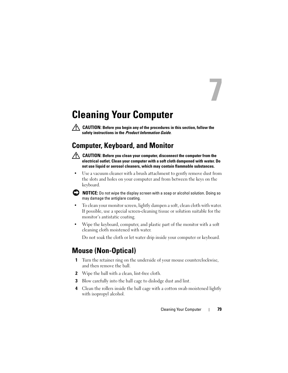 Cleaning your computer, Computer, keyboard, and monitor, Mouse (non-optical) | Dell Precision T3400 (Late 2007) User Manual | Page 79 / 290