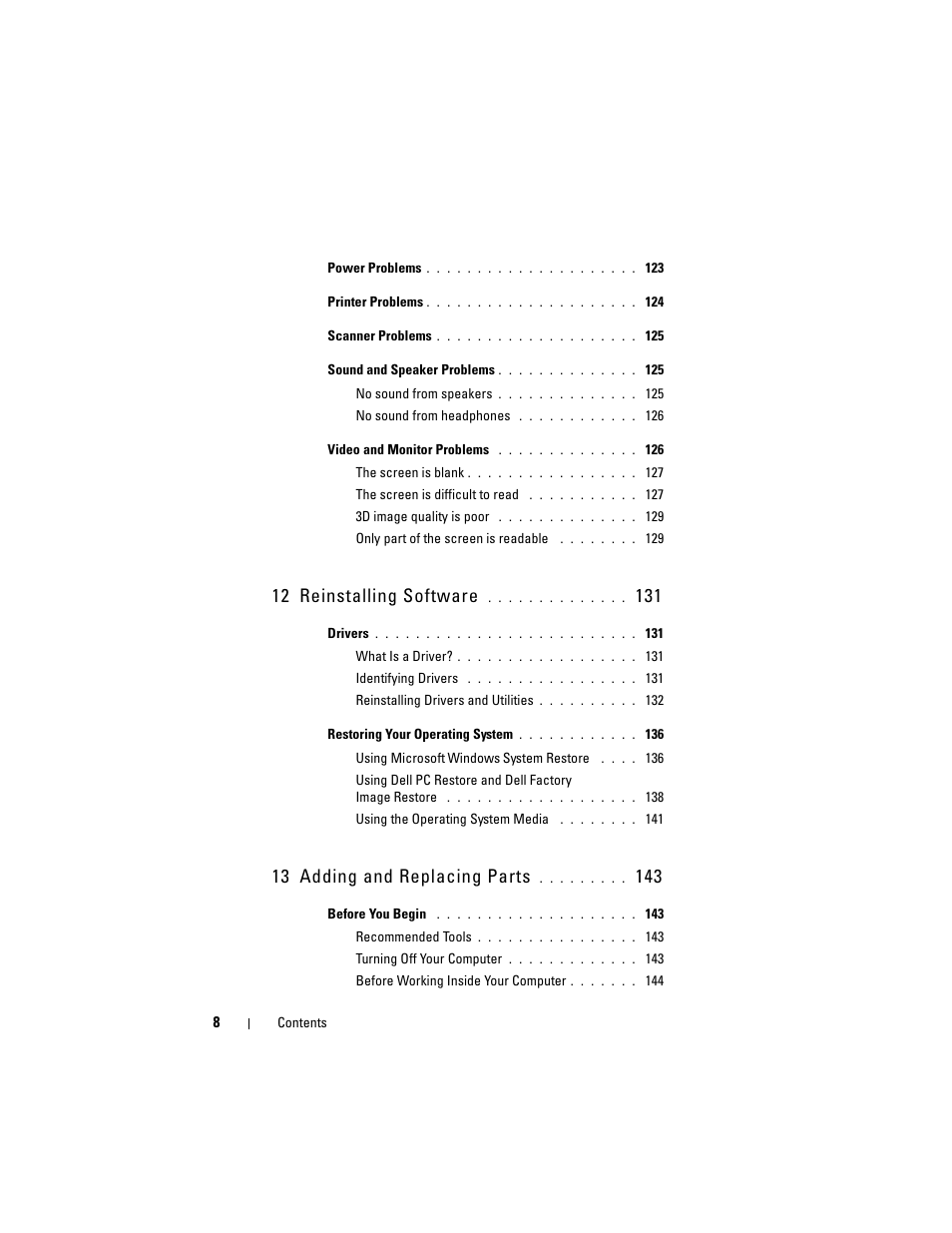 12 reinstalling software, 13 adding and replacing parts | Dell Precision T3400 (Late 2007) User Manual | Page 8 / 290