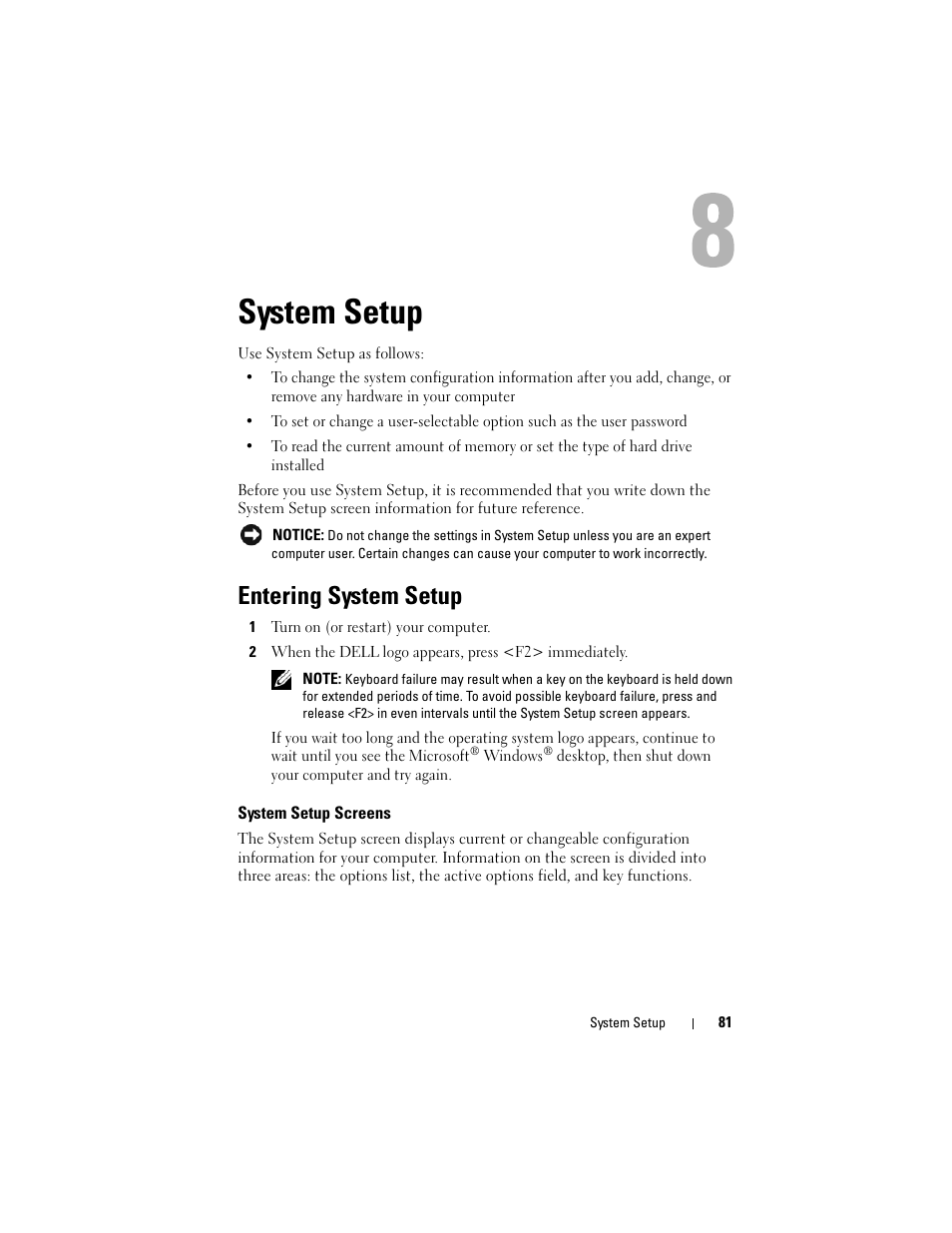 System setup, Entering system setup, System setup screens | Dell Precision T3400 (Late 2007) User Manual | Page 81 / 290