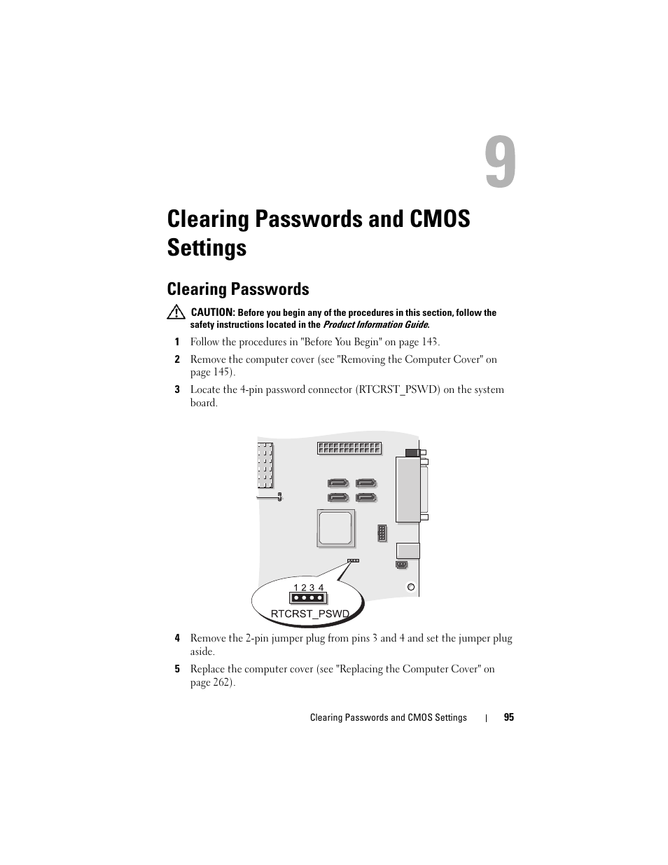 Clearing passwords and cmos settings, Clearing passwords | Dell Precision T3400 (Late 2007) User Manual | Page 95 / 290