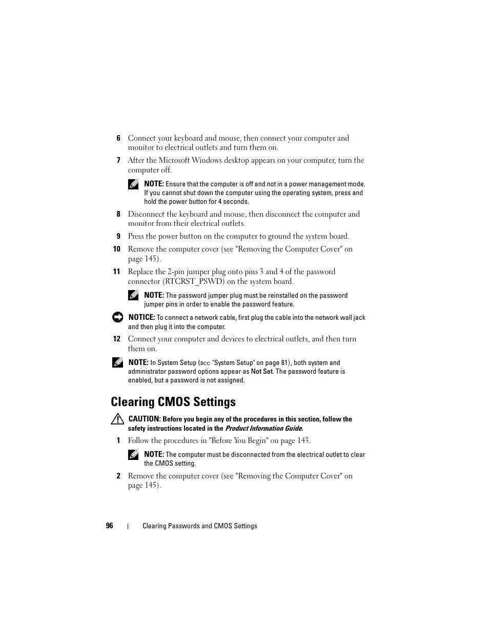 Clearing cmos settings | Dell Precision T3400 (Late 2007) User Manual | Page 96 / 290