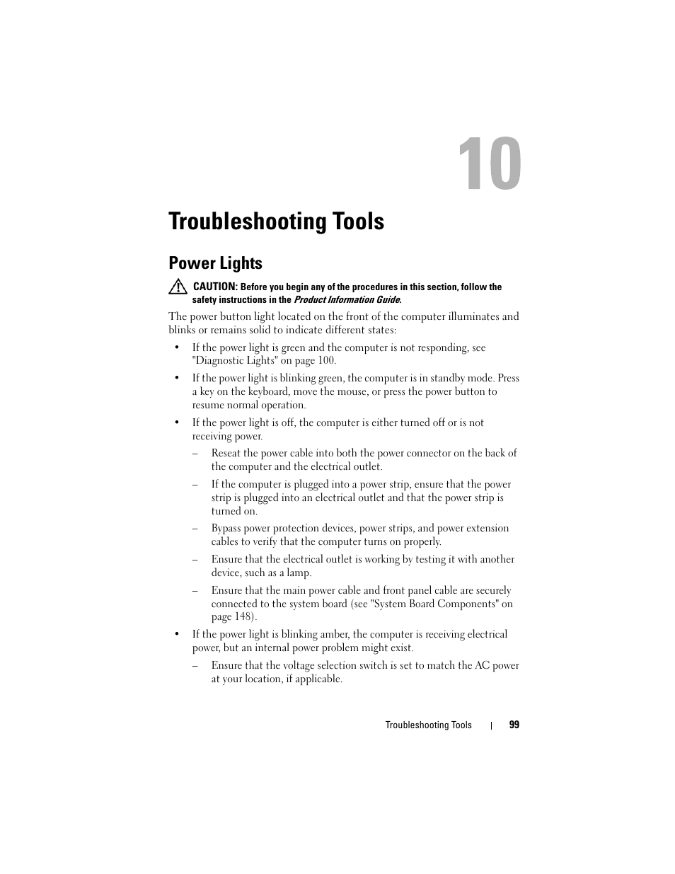 Troubleshooting tools, Power lights | Dell Precision T3400 (Late 2007) User Manual | Page 99 / 290