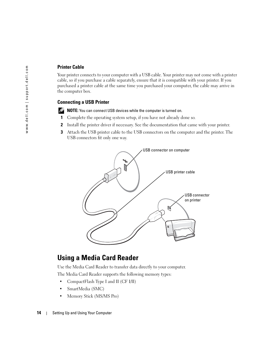 Printer cable, Connecting a usb printer, Using a media card reader | Dell Dimension 4700C User Manual | Page 14 / 116