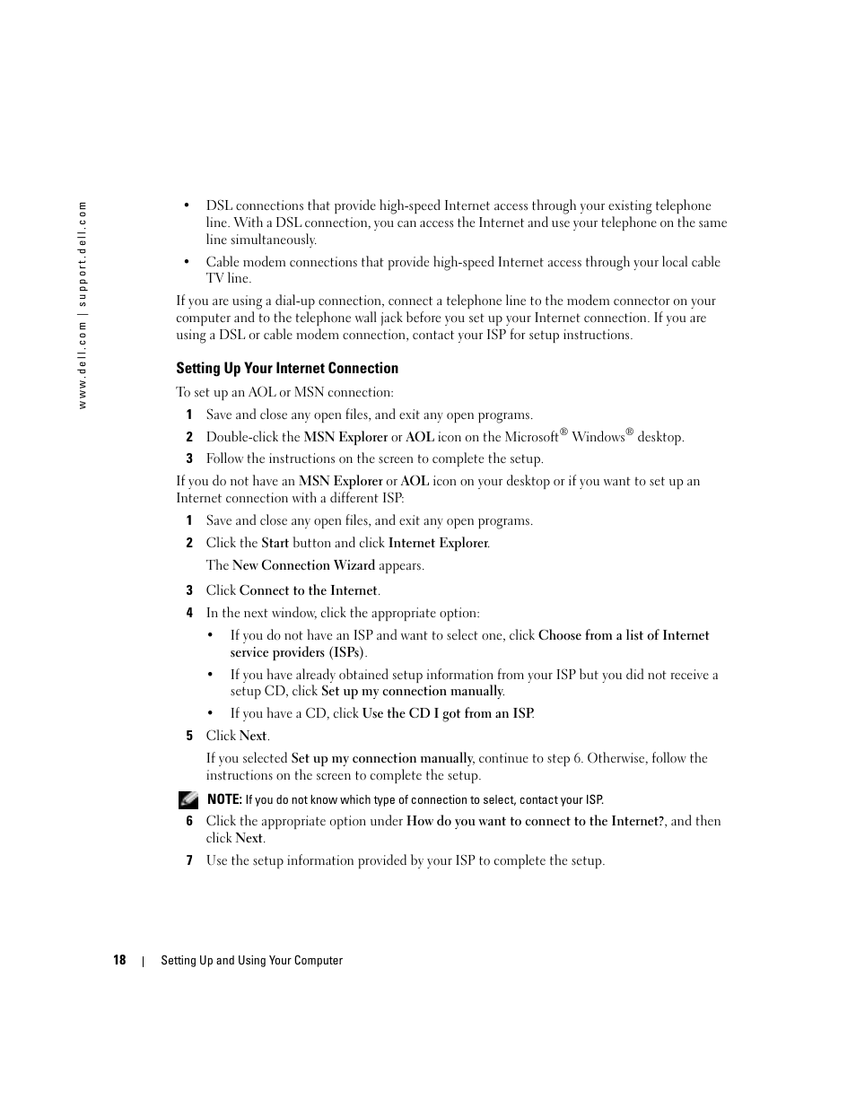 Setting up your internet connection | Dell Dimension 4700C User Manual | Page 18 / 116