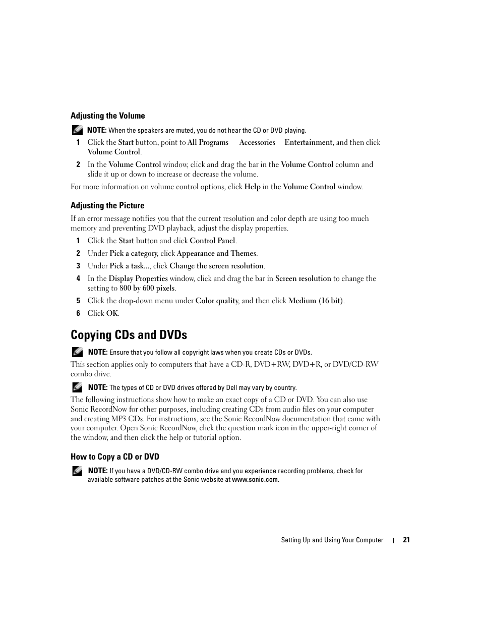 Adjusting the volume, Adjusting the picture, Copying cds and dvds | How to copy a cd or dvd | Dell Dimension 4700C User Manual | Page 21 / 116