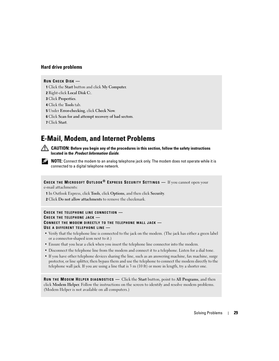 Hard drive problems, E-mail, modem, and internet problems | Dell Dimension 4700C User Manual | Page 29 / 116