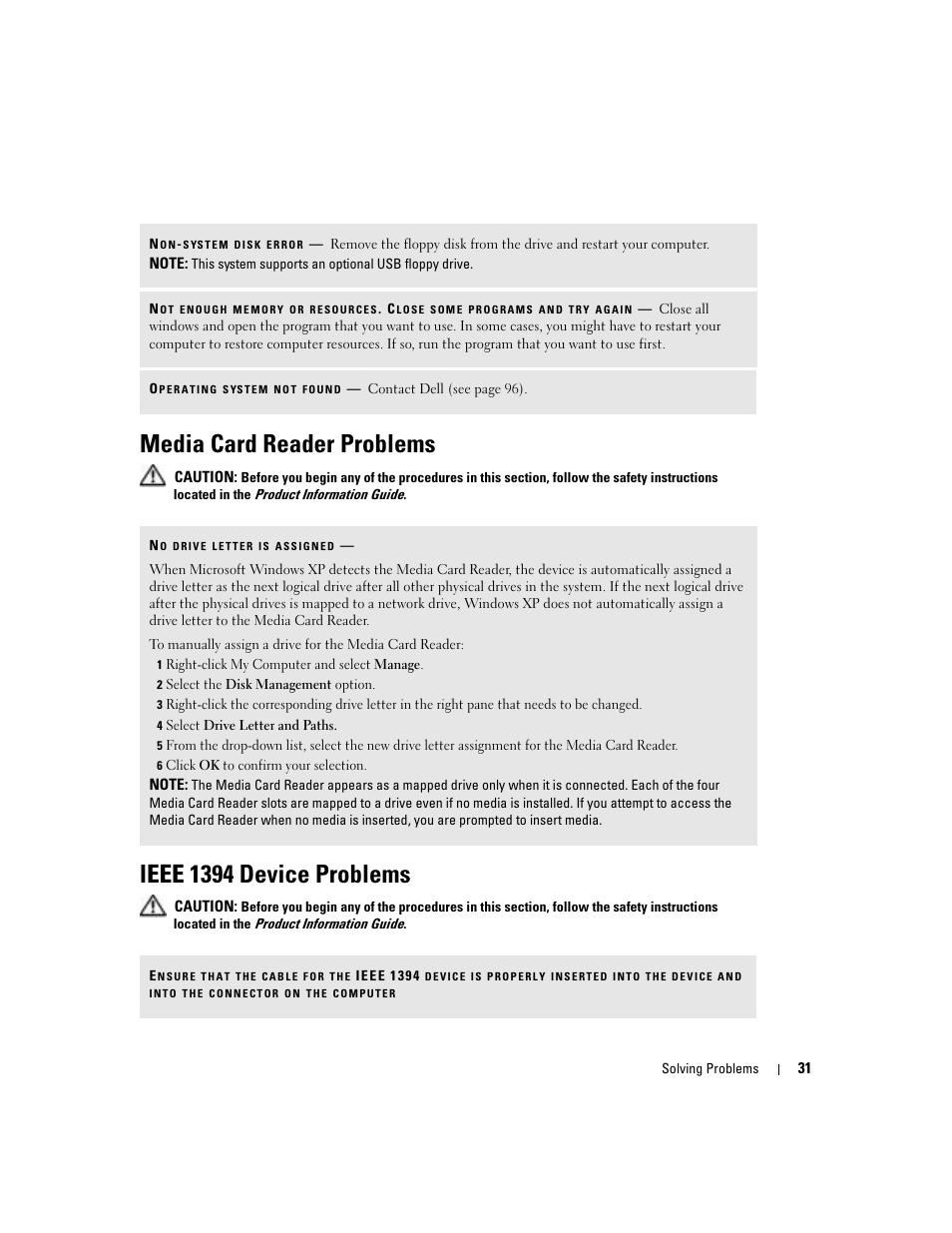Media card reader problems, Ieee 1394 device problems | Dell Dimension 4700C User Manual | Page 31 / 116