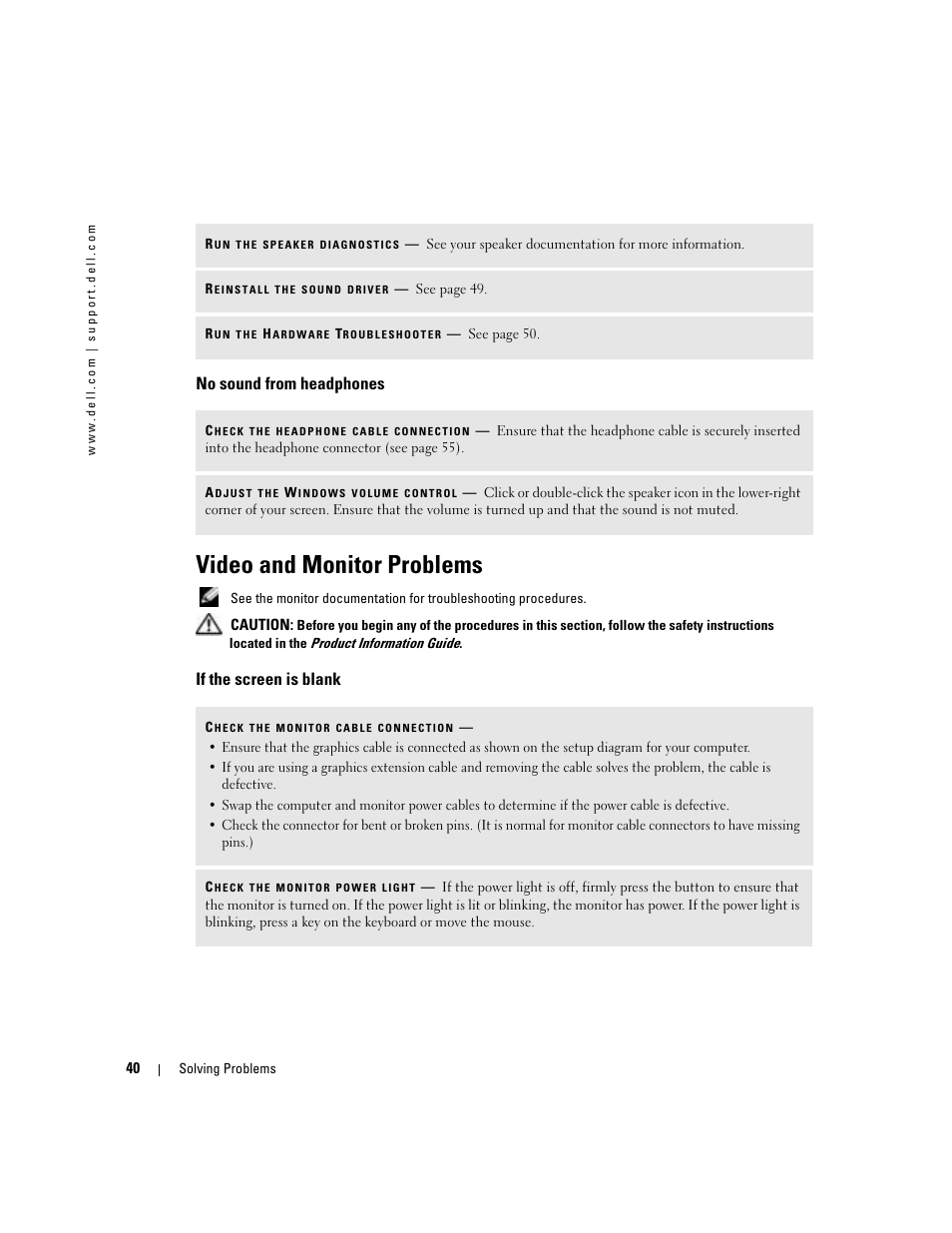 No sound from headphones, Video and monitor problems, If the screen is blank | Dell Dimension 4700C User Manual | Page 40 / 116