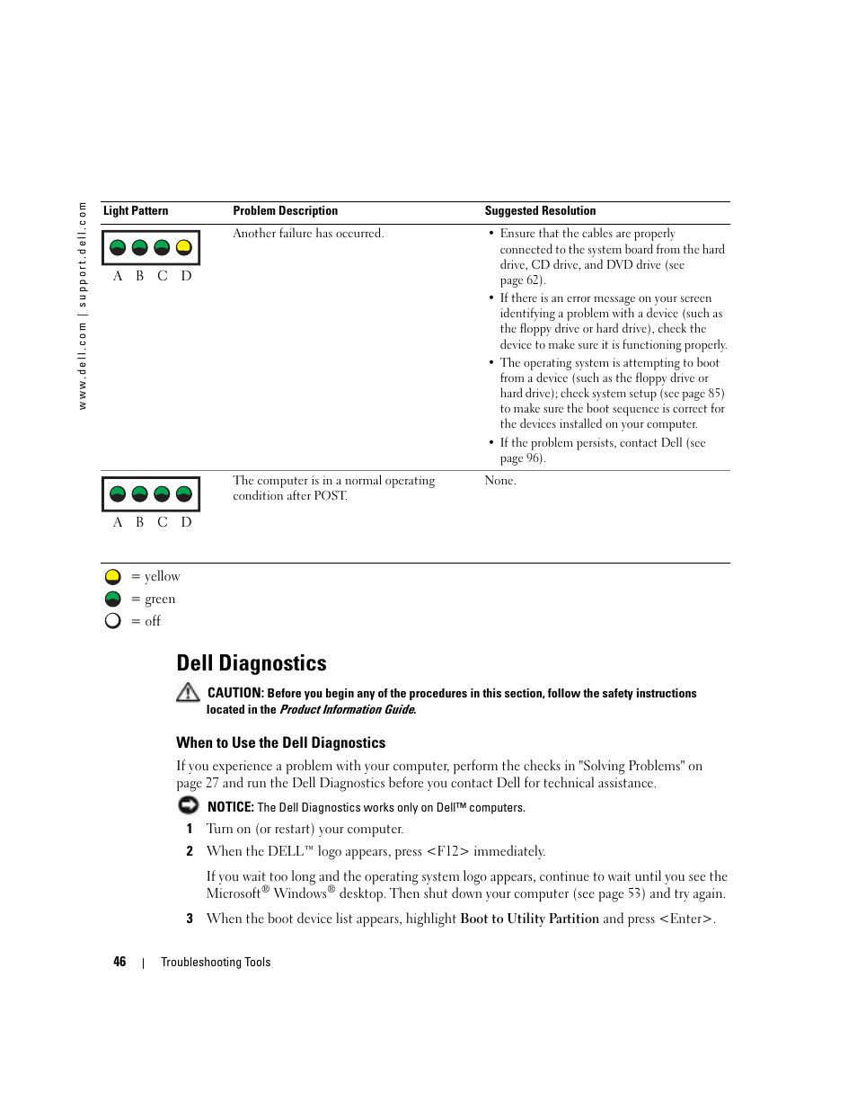 Dell diagnostics, When to use the dell diagnostics | Dell Dimension 4700C User Manual | Page 46 / 116