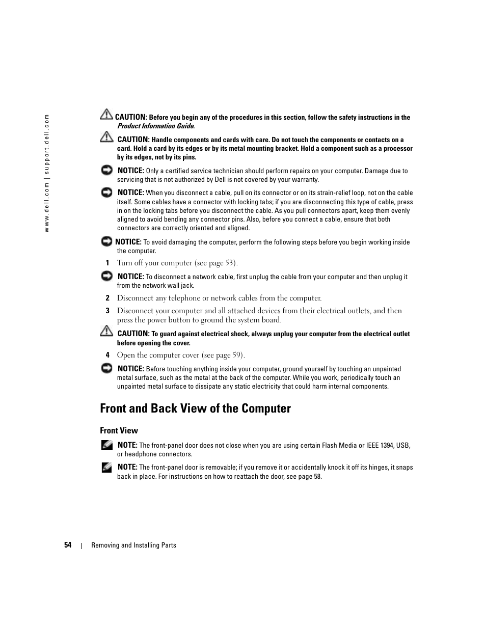 Front and back view of the computer, Front view | Dell Dimension 4700C User Manual | Page 54 / 116