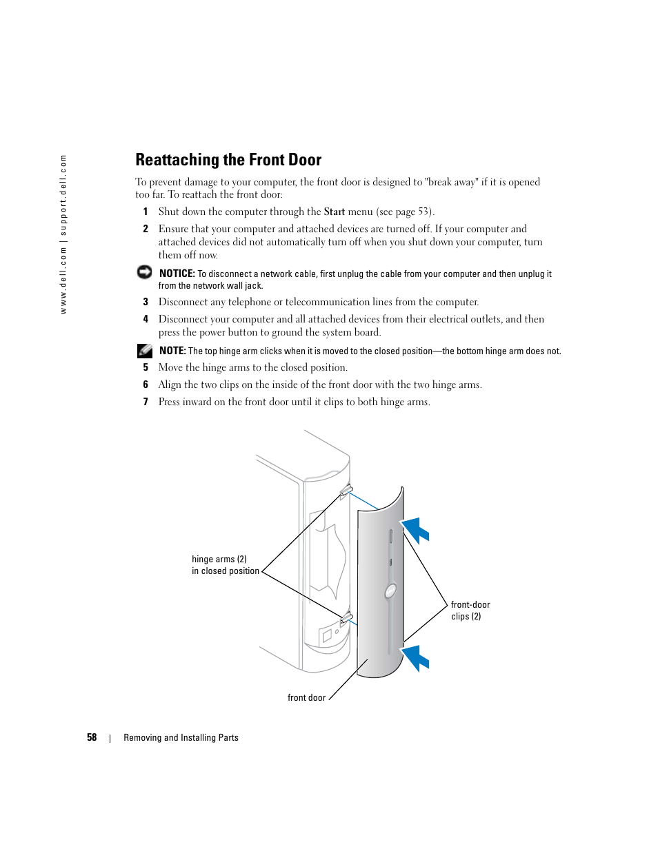 Reattaching the front door | Dell Dimension 4700C User Manual | Page 58 / 116