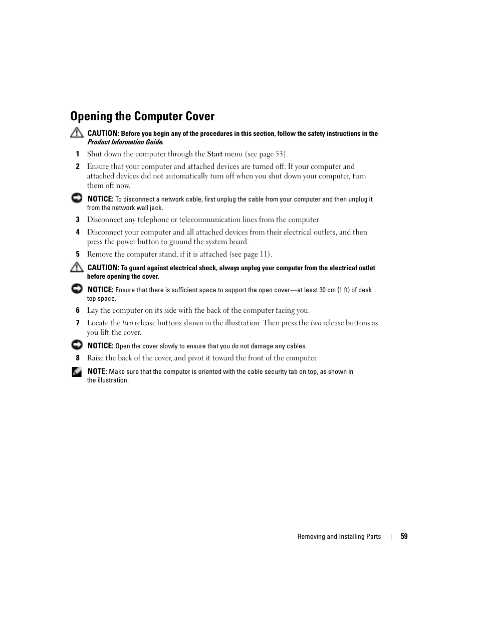 Opening the computer cover | Dell Dimension 4700C User Manual | Page 59 / 116