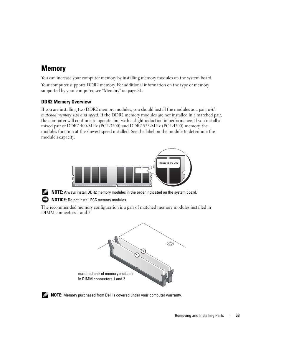Memory, Ddr2 memory overview | Dell Dimension 4700C User Manual | Page 63 / 116