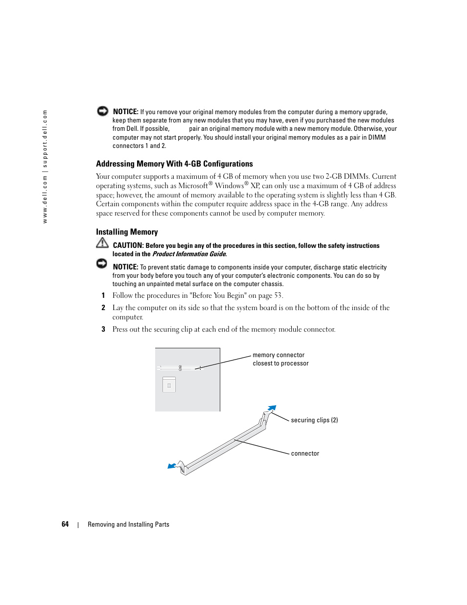 Addressing memory with 4-gb configurations, Installing memory | Dell Dimension 4700C User Manual | Page 64 / 116