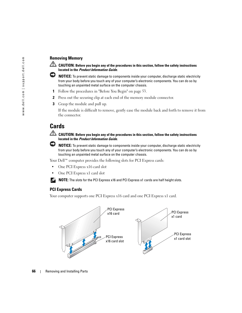 Removing memory, Cards, Pci express cards | Dell Dimension 4700C User Manual | Page 66 / 116