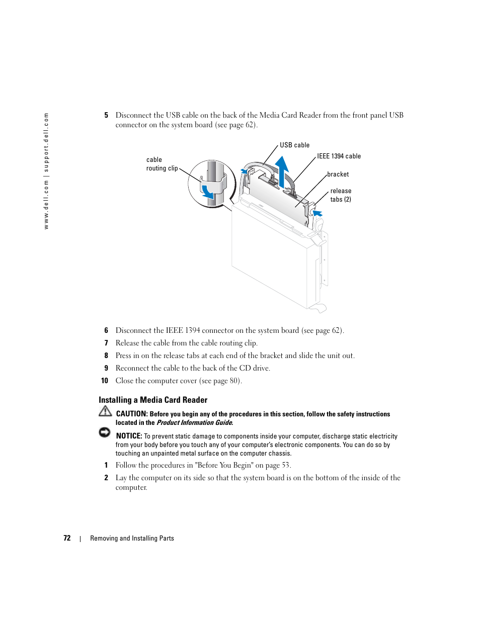 Installing a media card reader | Dell Dimension 4700C User Manual | Page 72 / 116