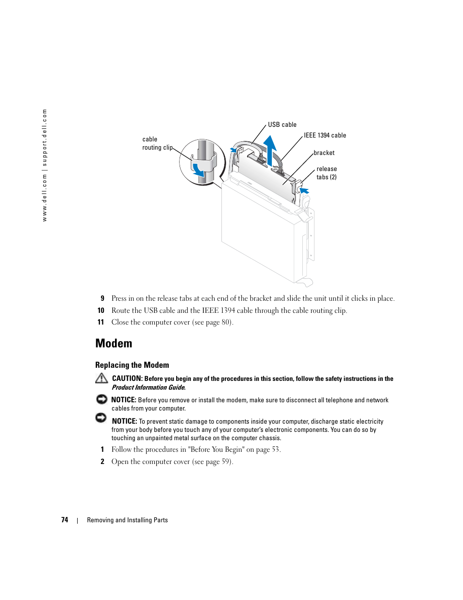 Modem, Replacing the modem | Dell Dimension 4700C User Manual | Page 74 / 116
