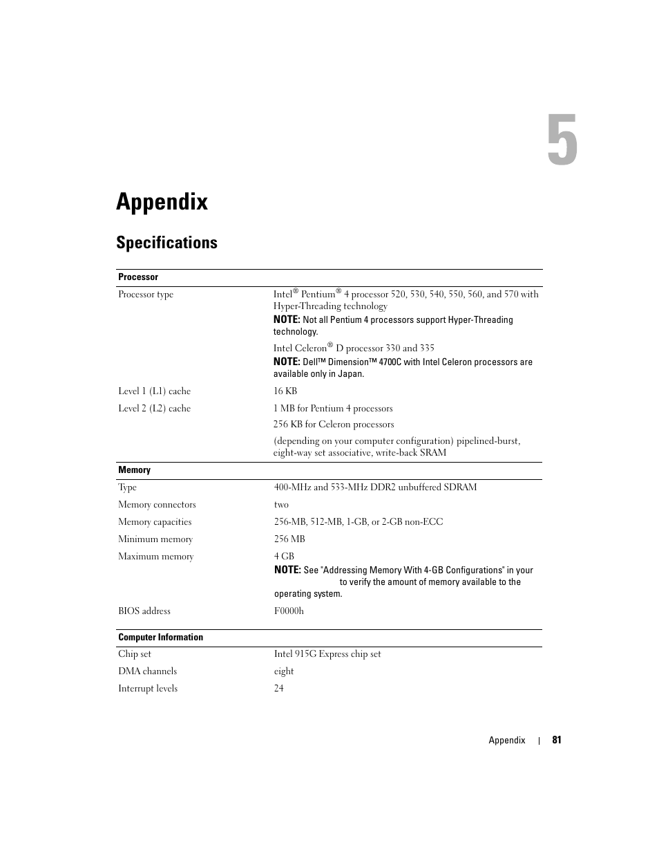 Appendix, Specifications | Dell Dimension 4700C User Manual | Page 81 / 116