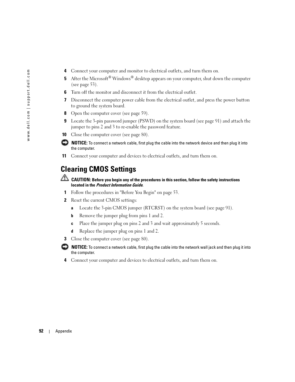 Clearing cmos settings | Dell Dimension 4700C User Manual | Page 92 / 116