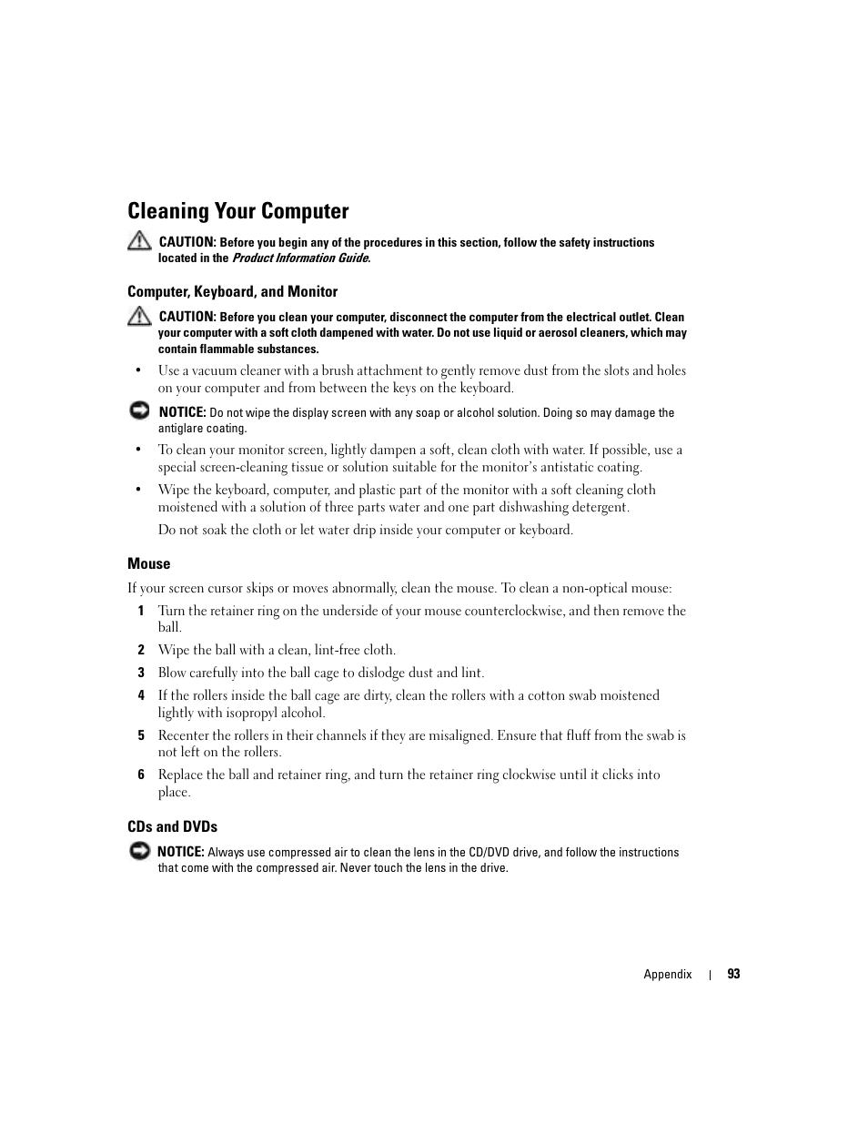 Cleaning your computer, Computer, keyboard, and monitor, Mouse | Cds and dvds | Dell Dimension 4700C User Manual | Page 93 / 116