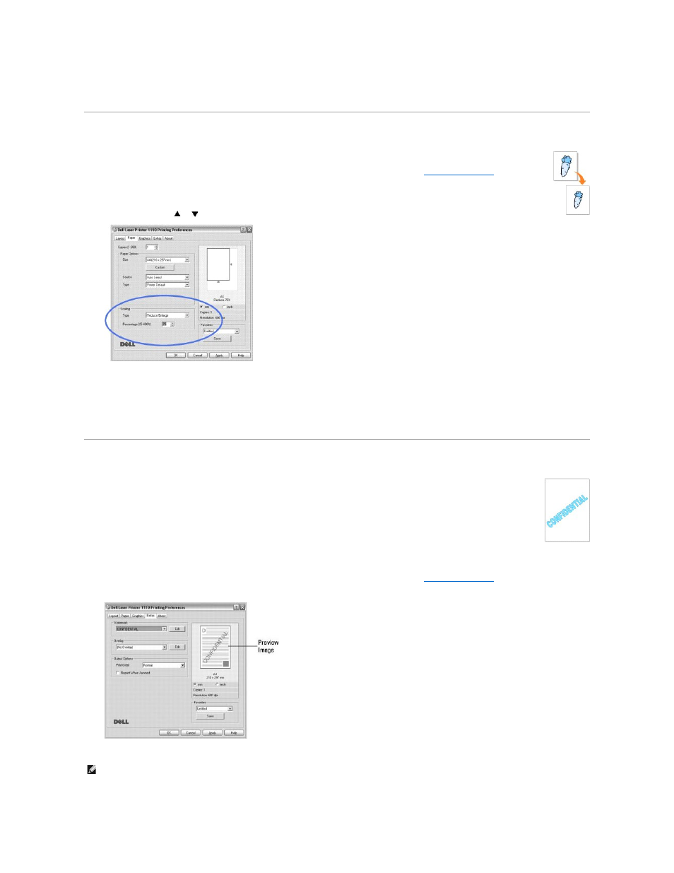 Printing a reduced or enlarged document, Using watermarks, Using an existing watermark | Dell 1110 Laser Mono Printer User Manual | Page 28 / 47