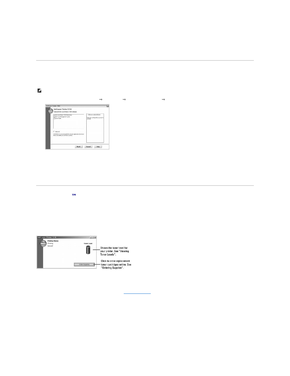 Uninstalling software, Using the dell™ toner management system, Printing status window | Dell toner reorder program | Dell 1110 Laser Mono Printer User Manual | Page 34 / 47