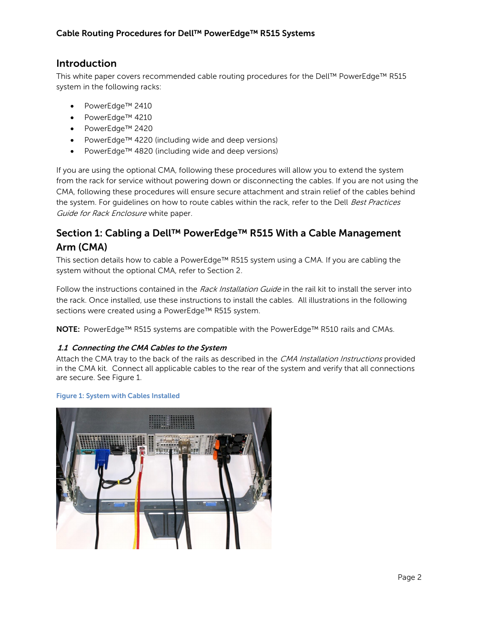 Introduction, Connecting the cma cables to the system, Figure 1: system with cables installed | Dell POWEREDGE R515 User Manual | Page 4 / 11