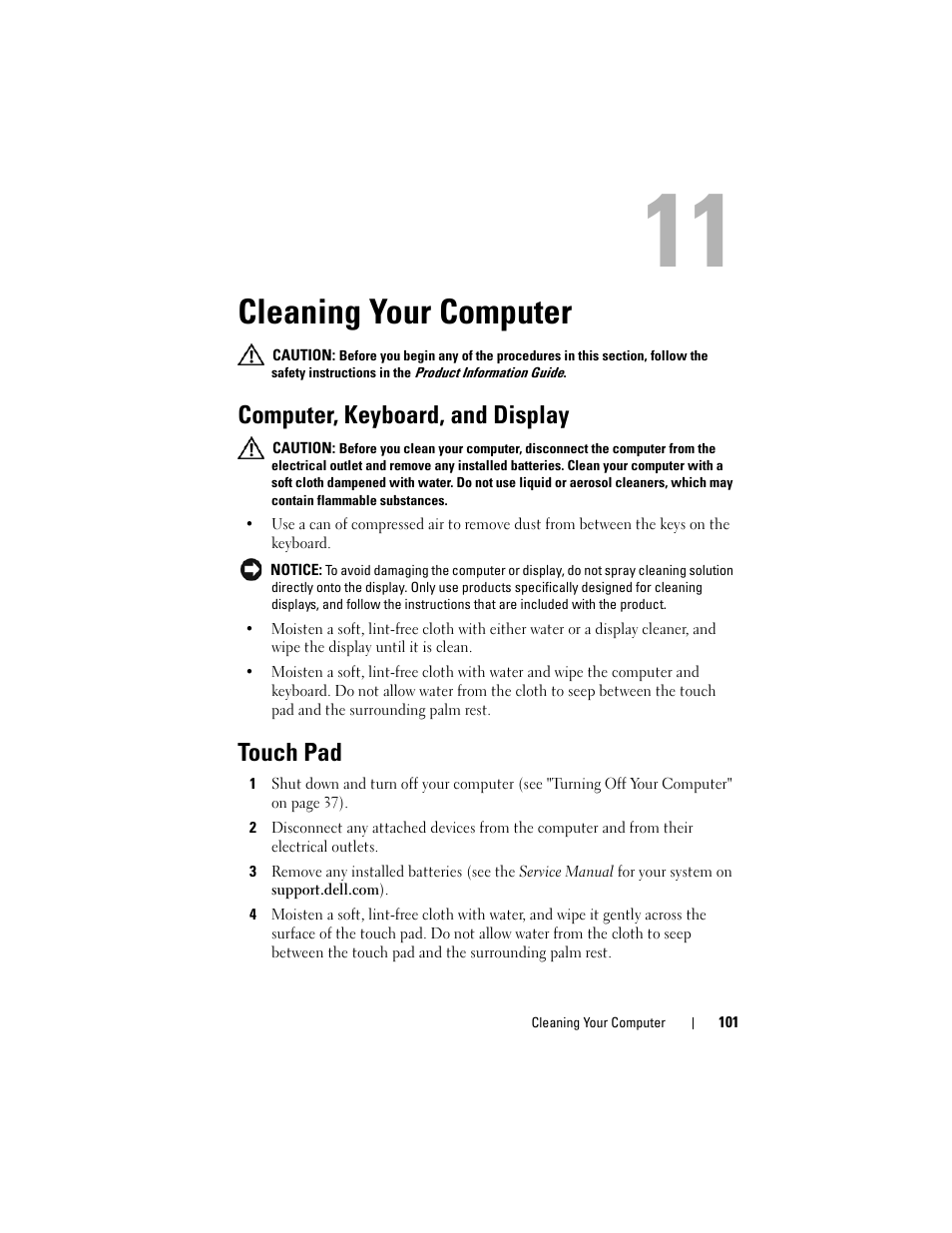 Cleaning your computer, Computer, keyboard, and display, Touch pad | Dell Latitude D530 (Early 2008) User Manual | Page 101 / 176